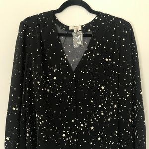 Modcloth Holiday NYE Black White Star Printed Blouse Top Long Sleeve L